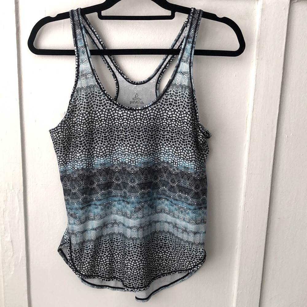 Prana Geometric Racerback Blue and White Athletic Tank Top Size XSmall